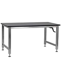 Kennedy Series Workbench, Manual Hydraulic Lift 12 Stroke with Stainless Steel Frame and Black Phenolic Resin 1" Thick Top - Square Cut Edge.